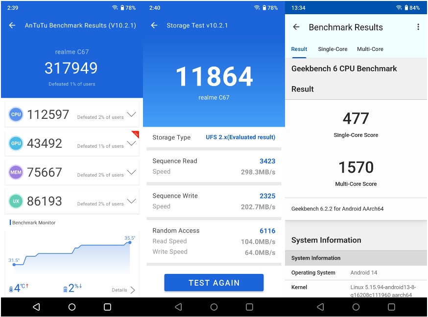 realme C67 AnTuTu and Geekbench Benchmark Results