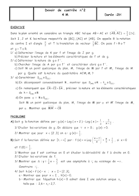 devoir de contrôle 2 mathématiques bac Math