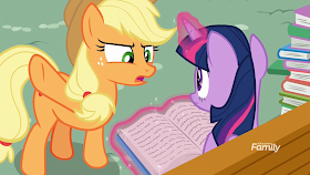 Applejack yelling at Twilight not to use magic as she reads from a book on a bench.