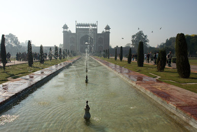 The water fountains in front of the Taj Mahal in Agra