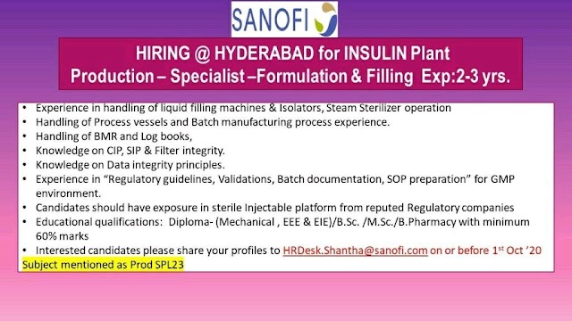 Sanofi Pharma | Hiring Production Specialist in Formulation & Filling at Hyderabad | Send CV