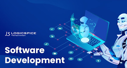 Software development banner with some text, a logo & a vector