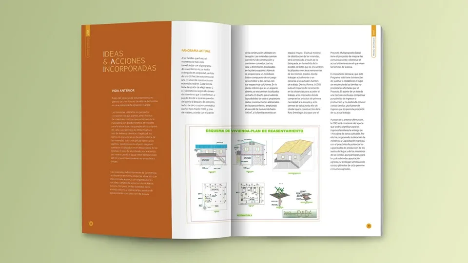 Pages of the Report PROGRAMA DE REASENTAMIENTO EN EL PROYECTO MULTIPROPÓSITO BABA, designed by Mauro Rojas, with editorial production by Eonminu®