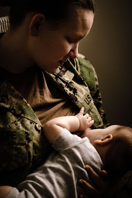 Military mom nursing while in Uniform United States Navy - Morning Owl Fine Art Photography San Diego