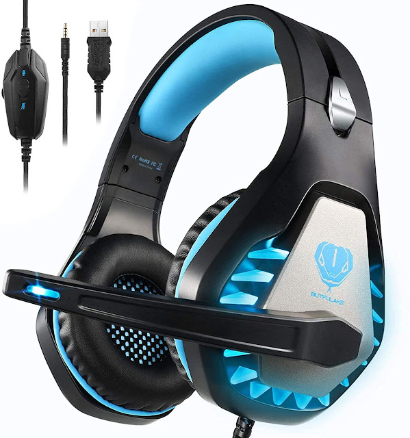 BUTFULAKE GH-1 Gaming Headset for PS5, PS4, Xbox One, Xbox One S, PC, Nintendo Switch, Mac, Laptop, 3.5mm Wired Pro Stereo Over Ear Gaming Headphones with Noise Cancelling Mic, LED Light, Blue