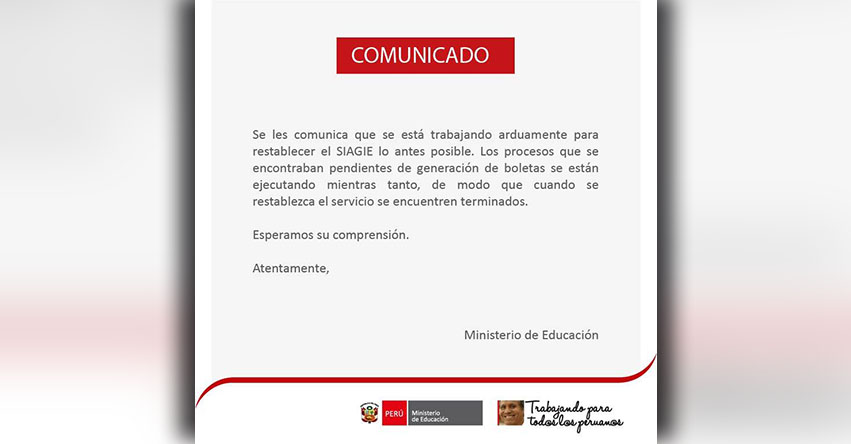 SIAGIE COMUNICADO: Procesos Pendientes de Generación de Boletas - MINEDU - www.siagie.minedu.gob.pe