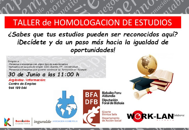 Cartel anunciador del taller de homologación de estudios, a celebrar el 30 de junio