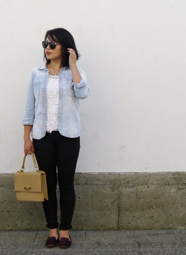 Transitional summer to fall dressing: chambray shirt, white lace tank, and skinny black denim
