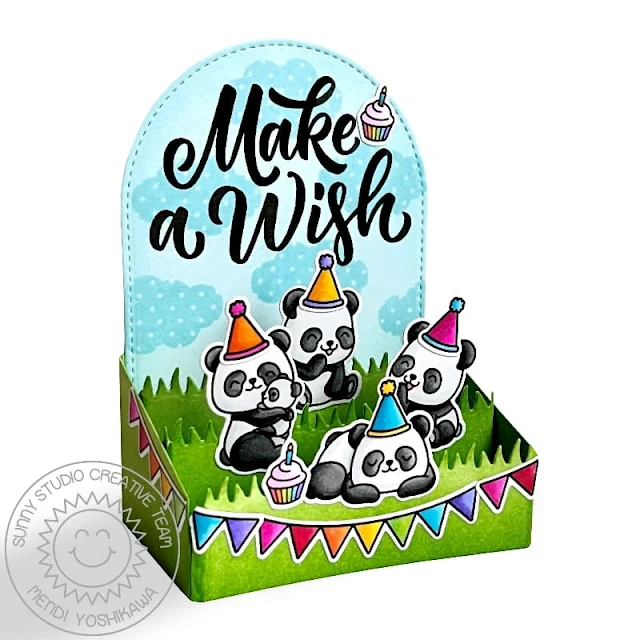 Sunny Studio Pop-Up Box Birthday Card (using Panda Party, Big Bold Greetings & Baby Elephants Stamps, Picket Fence & Stitched Arch Dies)