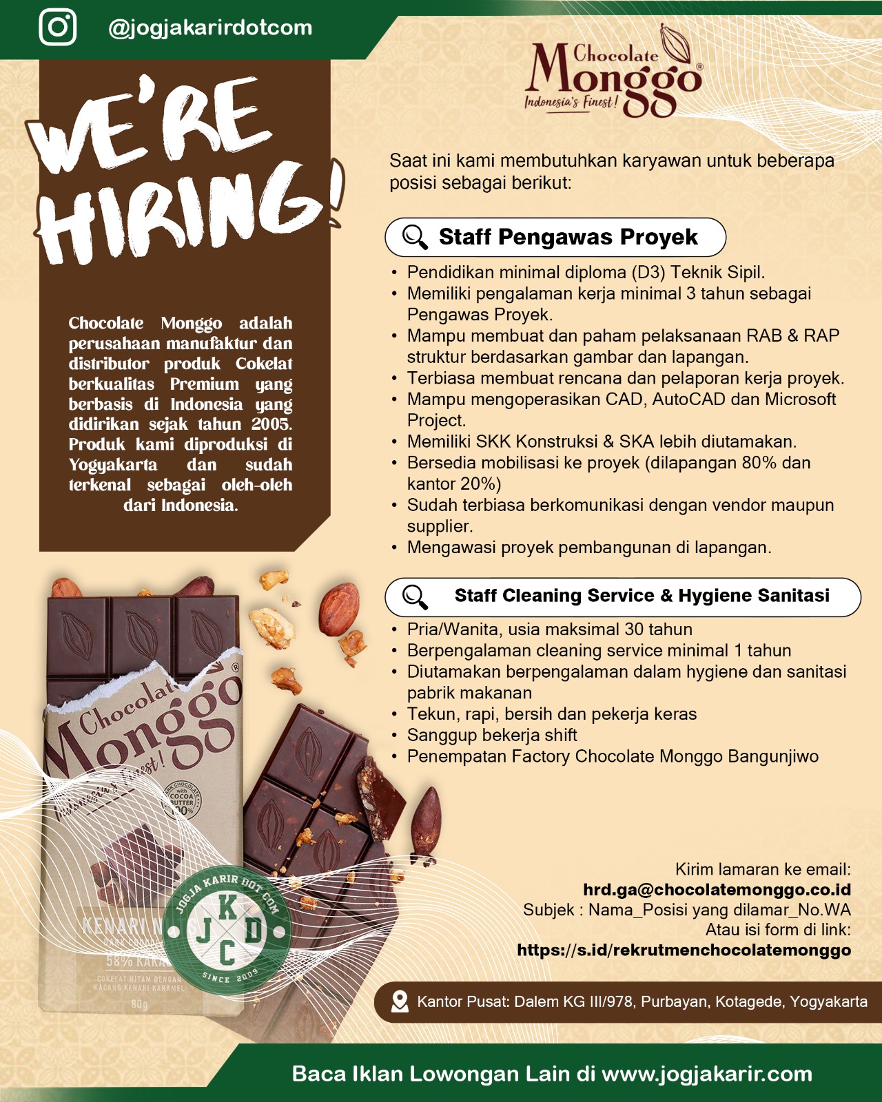 Loker Jogja di Chocolate Monggo SPV Produksi, Staff Gudang, Staff Pengawas Proyek, dll