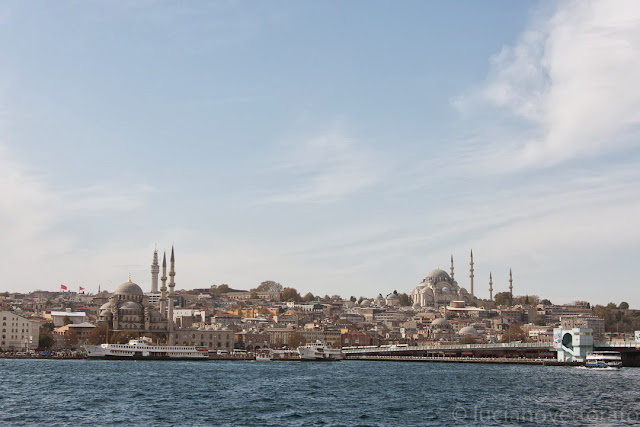 la Moschea Nuova, la Moschea Solimano e il ponte di Galata visti dal battello sul Bosforo