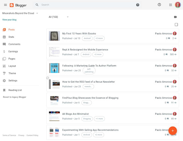 Blogger dashboard of the blog Moonshots Beyond the Cloud