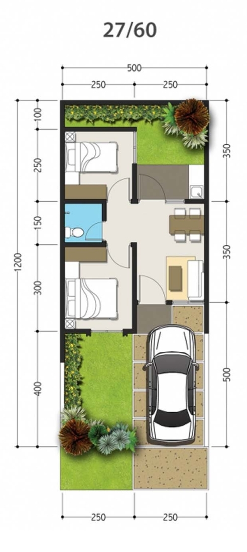  Denah  rumah  minimalis ukuran 5x12  meter 2 kamar tidur 1 