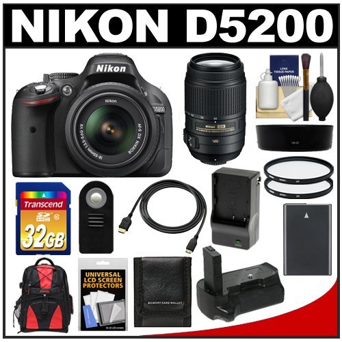 Nikon D5200 Digital SLR Camera  &  18-55mm G VR DX AF-S Zoom Lens (Black) with 55-300mm VR Lens + 32GB Card + Backpack + Grip + Battery  &  Charger + Filters Kit