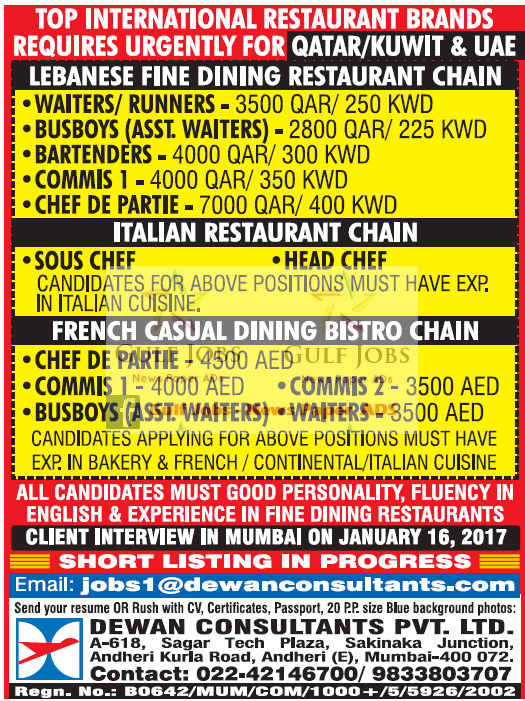 Qatar , Kuwait & UAE Restaurant chain Jobs