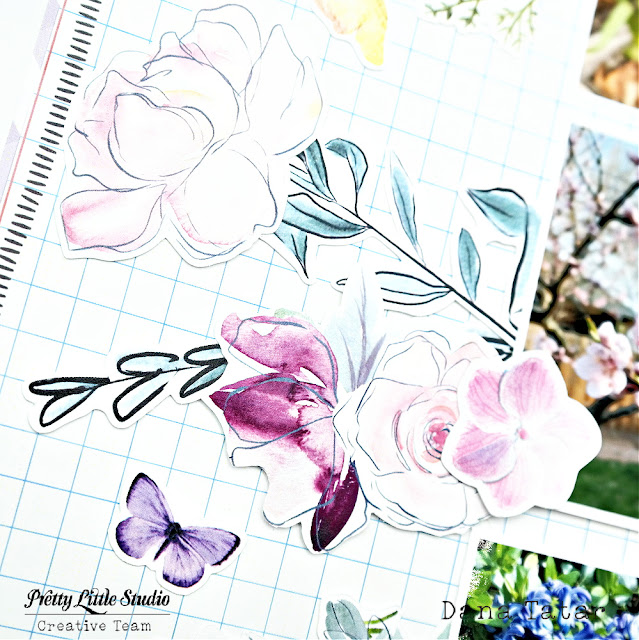 Floral scrapbook layout documenting spring garden blooms using flower and butterfly die-cuts from the Pretty Little Studio Wildflowers collection.