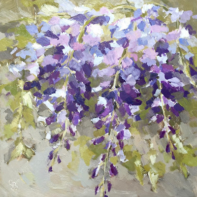 Oil painting of Wisteria flowers in purple and pinks