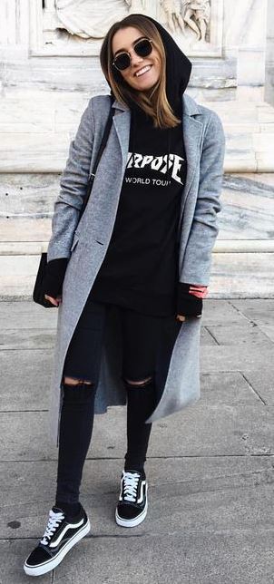 casual style addiction / sweatshirt + grey coat + bag + rips + sneakers