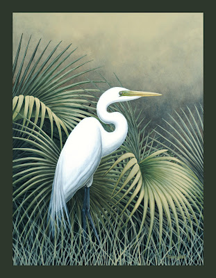 white egret standing among palm leaves