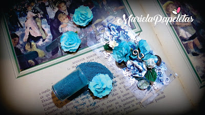 Tag mixed media scrapbooking azules porcelandas molduras rosas memorias acetato