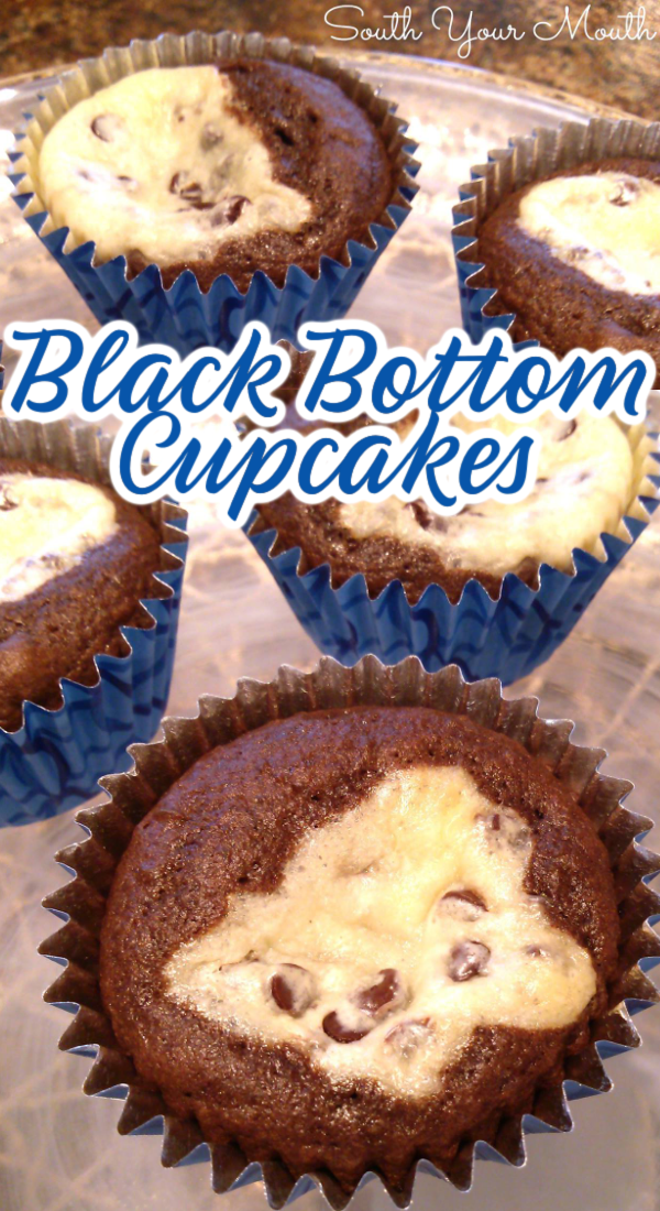 Black Bottom Cupcakes! A shortcut recipe for classic black bottom cupcakes filled with chocolate chip cream cheese filling very much like a self-frosting cupcake stuffed with cheesecake.