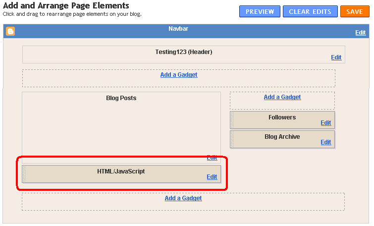 Blogger Page Elements design screen, with area under the Blog Posts gadget highlighted