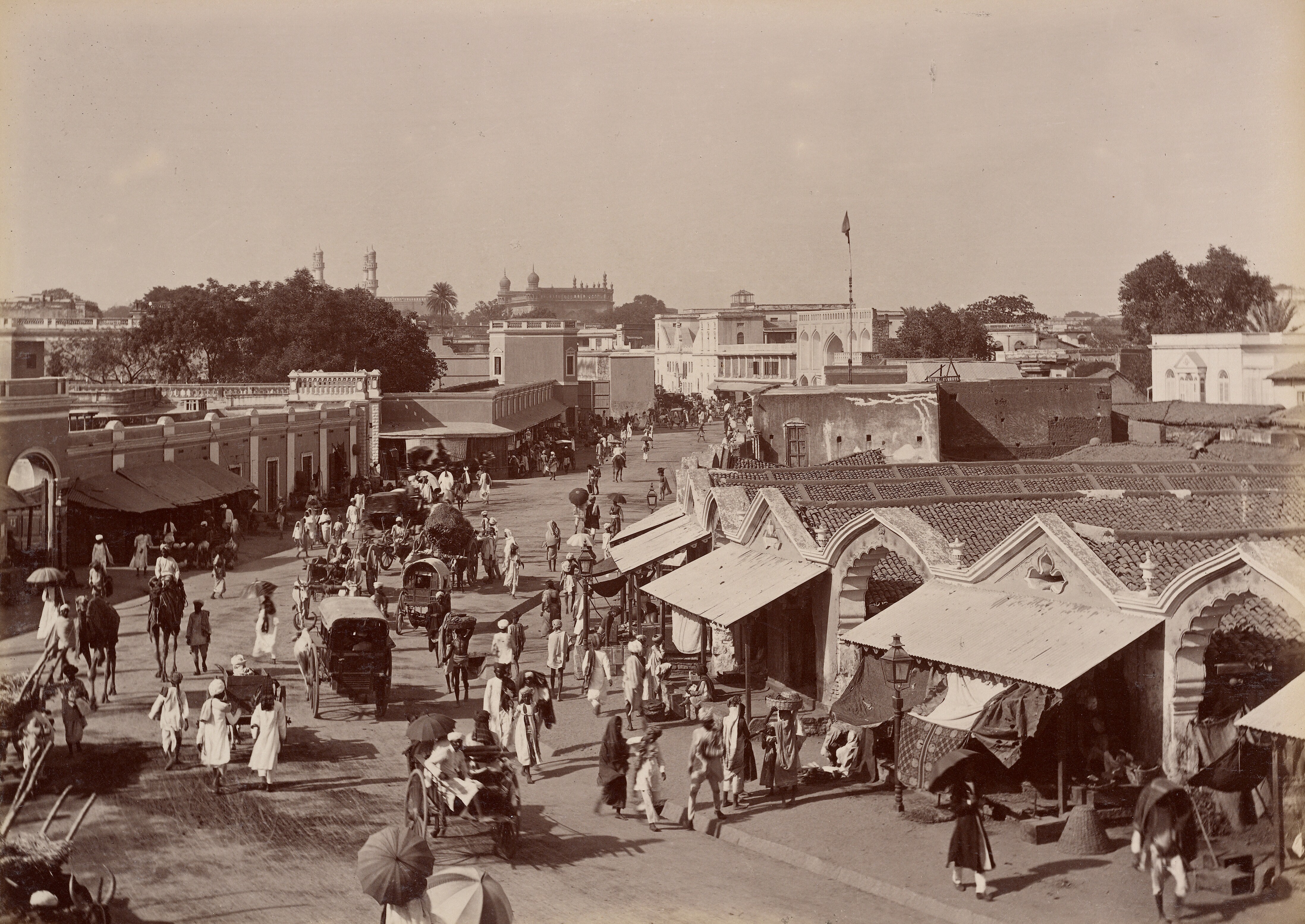 Street View [Charminar & Mecca Masjid in Background], Hyderabad (Deccan), Telangana, India | Rare & Old Vintage Photos (1888)