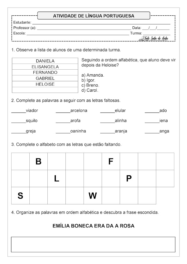 Atividades de Ordem Alfabética para Imprimir - 1º e 2º ano fundamental