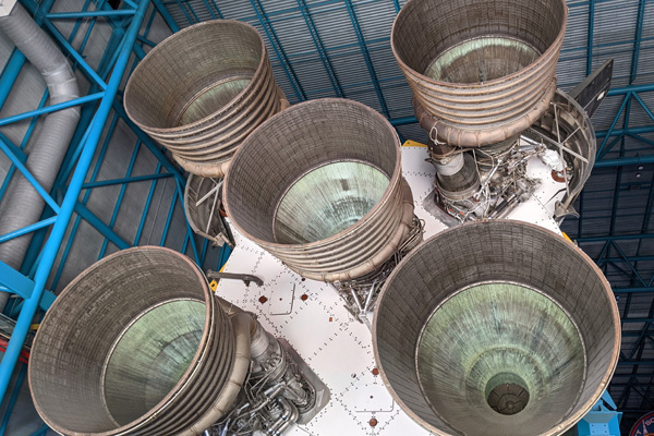 The J-2 engines of the Saturn V rocket on display at the Apollo/Saturn V Center...on March 26, 2022.