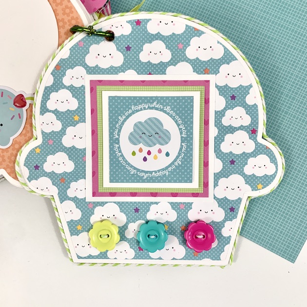 Cupcake Shaped Birthday Scrapbook Page with clouds and buttons