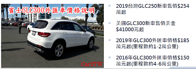 臺灣總代理新車價格與GLC300外匯車價格說明。    2019台灣GLC250新車售價$254萬起    美國GLC300新車售價美金$41000元起    2019年GLC300外匯車價格$185萬元起(里程數約1-2萬公里)    2016年GLC300外匯車價格$150萬元起(里程數約4-6萬公里)    年份、里程數、配備等價格會有變動。    賓士價格介紹賓士BENZ GLC300新車售價及中古車新古車價錢