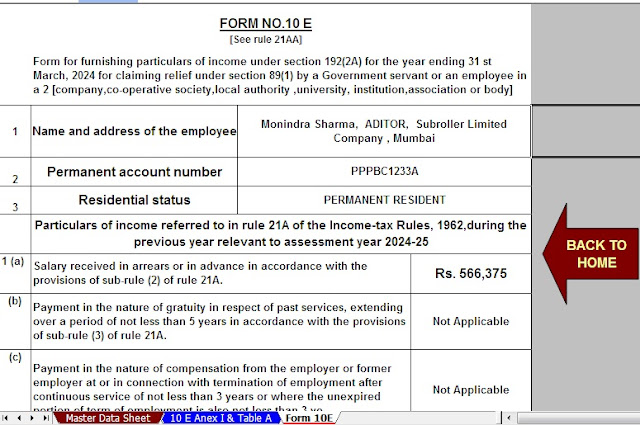 Easy Income Tax Arrears Relief Calculator U/s 89(1) with Form 10E in Excel
