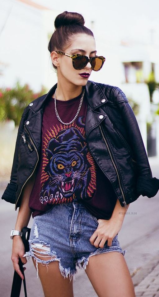 street style obsession / moto jacket + printed top + denim shorts + bag