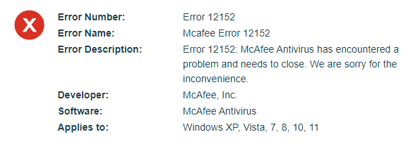 McAfee Error 12152