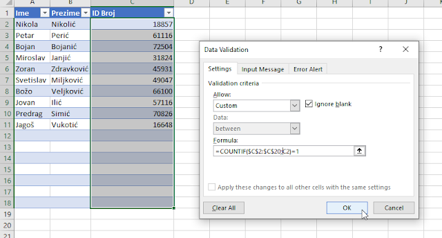 Kako sprečiti unos duplih vrednosti u Excel-u?