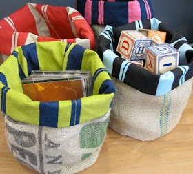 storage baskets from recycled coffee sacks