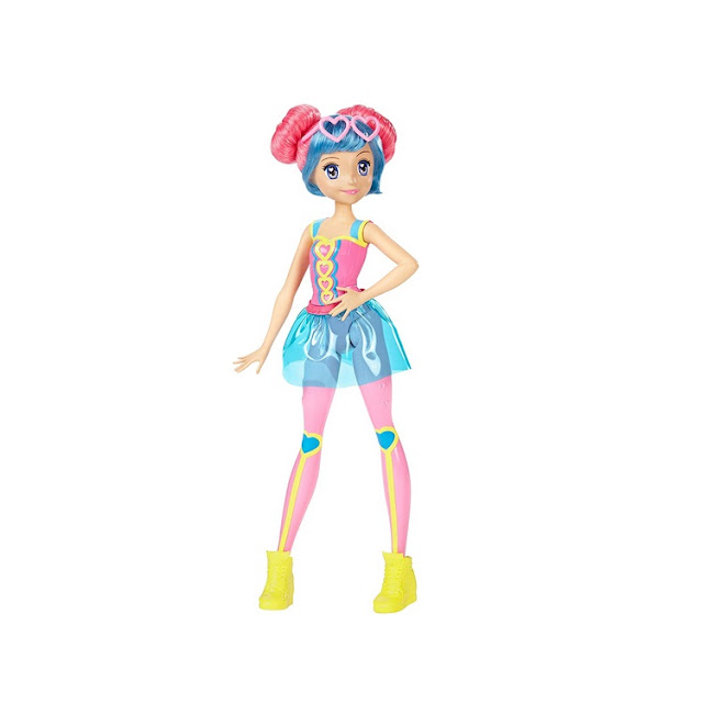 Vue détaillée de la poupée Barbie héroïne de jeu vidéo aux couleurs pastelles.