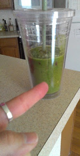 Kale, spinach, strawberry, peach, almond milk, ginger smoothie