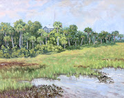 The marshes on the Island. Bird Island Marsh. 16x20 inches. oil on canvas (marsh bird island linda blondheim landscape painting )