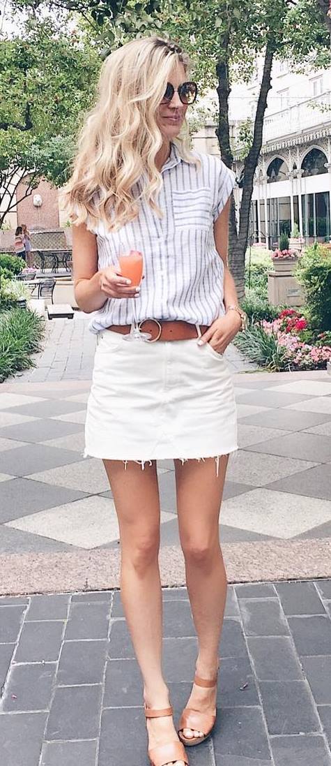 cool street style outfit: shirt + skirt + sandals