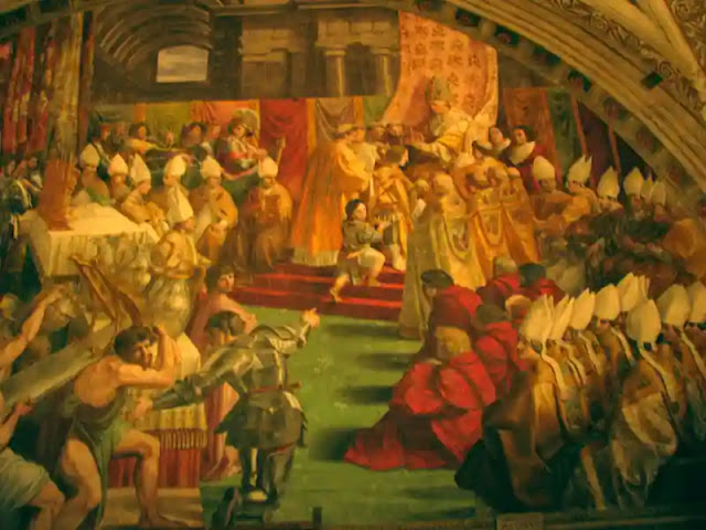 Crowning of Charlemagne, Symbolizes the start of the Holy Roman Empire, when Charlemagne was crowned by Pope Leo