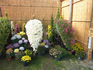 Flowers arranged into different shapes all blooming at once in a flower competition at the Sorakuen Garden, Kobe.