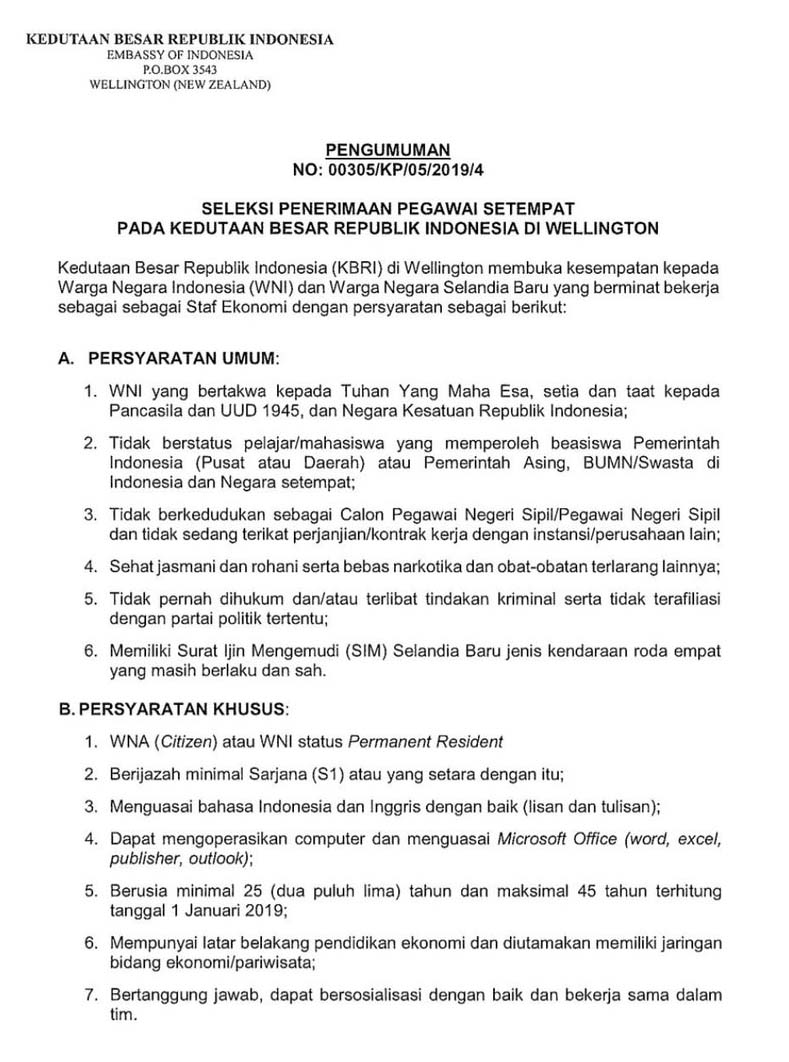 Penerimaan Pegawai Setempat Kedutaan Besar RI Tahun 2019