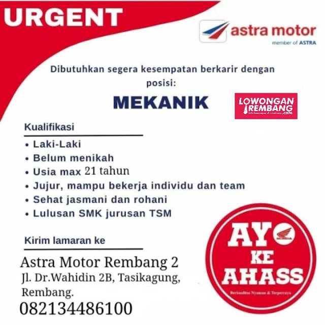 Lowongan Kerja Pegawai Mekanik PT Astra Honda Motor Indonesia Rembang