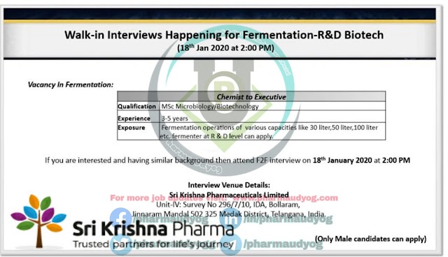 Sri Krishna Pharma | Walk-in for Fermentation on 18 Jan 2020 | Pharma Jobs in Hyderabad