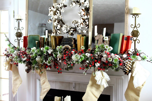 Rosevine Cottage, Christmas Decor, Decorating, Mantel Decor, Christmas Past, Vintage, Cotton, Flocked, Old Books,