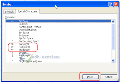 Insert Copyright, Register dan Trademark di Excel