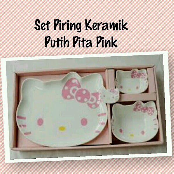 Piring Keramik Set Hello Kitty murah grosir ecer putih pita pink