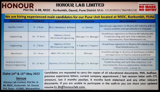 Honour Labs | Walk-in interview for freshers and Expd at Mumbai on 14th & 15th May 2022