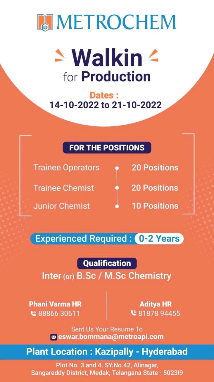 Job Availables for Metrochem Walk-In Interview for Fresher's & Experienced in BSc/ MSc Chemistry